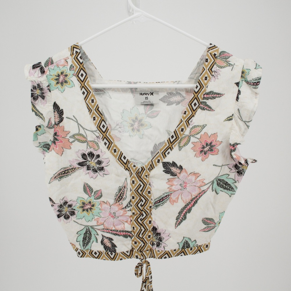 Hurley‎ Women's White Floral Ruffle Crop Top Size XS